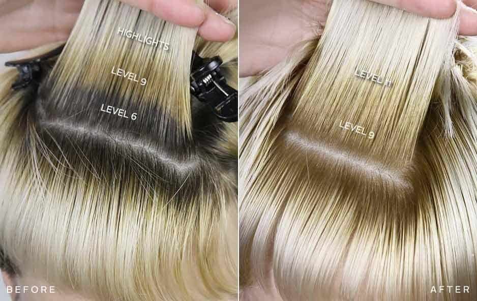 Before and after using developer to lighten hair