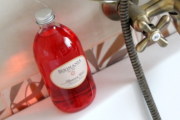 A red bottle of Showering Oil